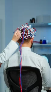 A patient in a serene, modern clinic setting, receiving a stem cell infusion, emphasizing safety and advanced care.